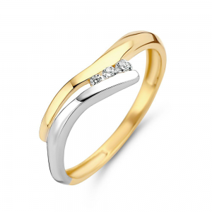 Gouden ring bicolor met golfje en 3 zirconias - 222892