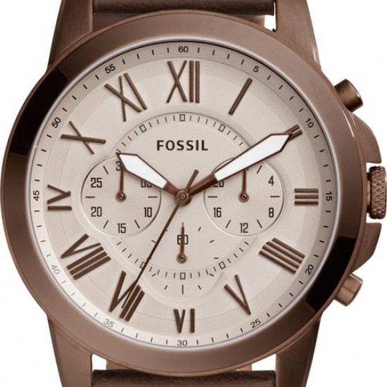 Fossil heren horloge bruine  kast en bruine lederen band en creme wijzerplaat, chrono - 226644