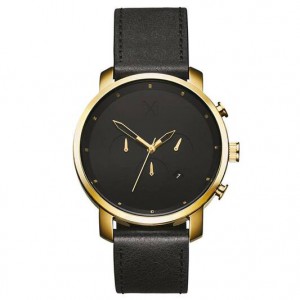 MVMT horloge poli goudkleurige kast zwarte plaat en lederen band - 231067
