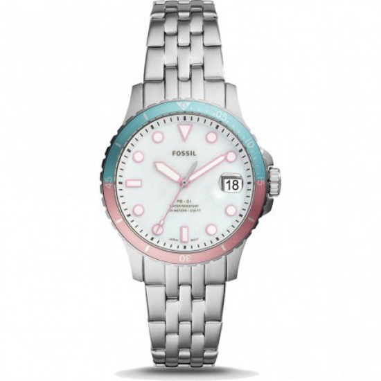 Fossil dames horloge parelmoer plaat met roze wijzers en aanduidingen - 231566