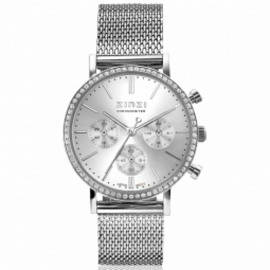 ZINZI horloge zilverkleurmet meshband met zirconia in de lunette, chrono plaat - 234170