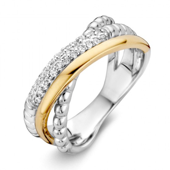 Zilveren ring met goud 3 banen kruislings met  zirconia - 228858