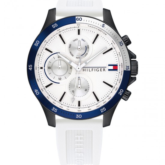 Tommy Hilfiger Bank chrono met witte plaat en zwarte  kast met witte siliconen band - 233328