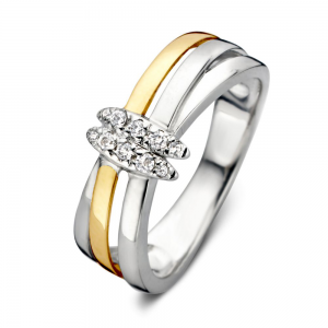 Zilver met gouden ring kruislings  model  met zirconia's - 234272