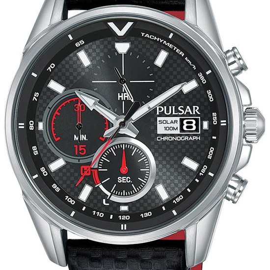 Pulsar heren horloge 100m solar zwarte plaat en band - 230332