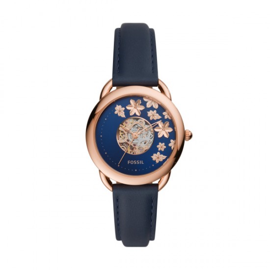 Fossil dameshorloge automaat rosegoudkleur met blauwe band en plaat, bloemen - 231805