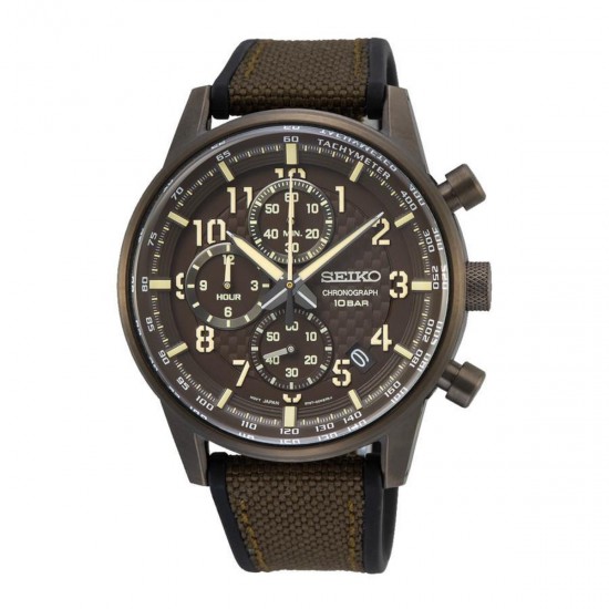 Seiko heren horloge met kunstof band ingelegd met donkerbruin canvas, chrono - 232045