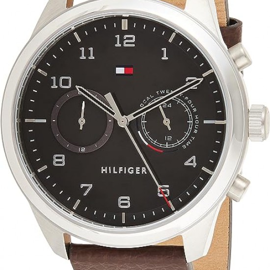 Toomy Hilfiger heren horloge staal zwart met bruin lederen band - 232054