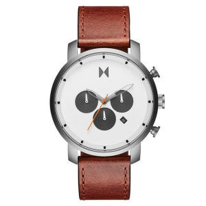 MVMT horloge grijze kast witte plaat en bruin lederen band - 232038