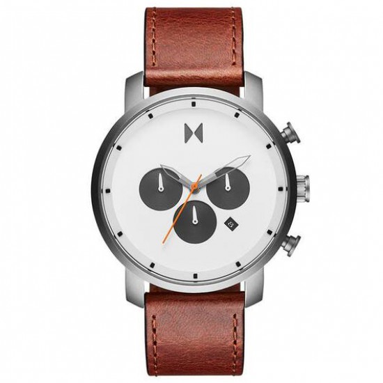 MVMT horloge grijze kast witte plaat en bruin lederen band - 232038