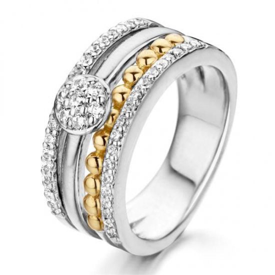 Zilver ring met goud vier banen met zirconia - 232307