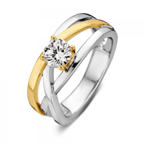 zilver met goud ring iopen model kruisend met 1 zirconia in 4poots chaton - 232309