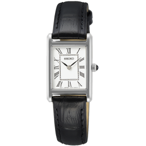 Seiko dames horloge langwerpig met romeinse plaat en zwart lederen band - 233574 Seiko dames horloge langwerpig met romeinse plaat en zwart lederen band - 233574