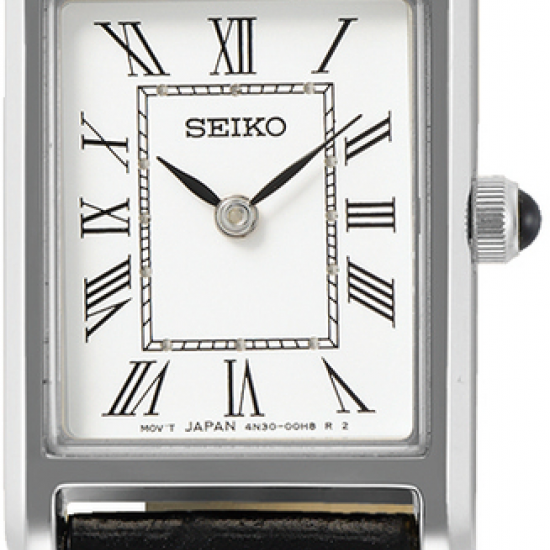 Seiko dames horloge langwerpig met romeinse plaat en zwart lederen band - 233574