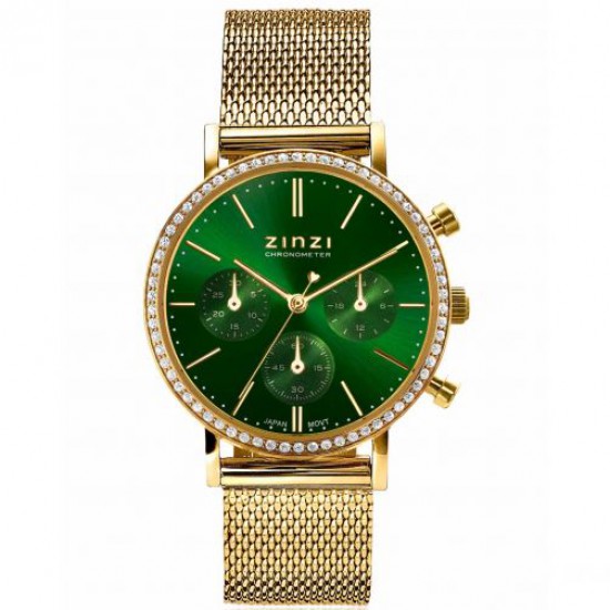 ZINZI horloge 36mm chrono goudkleur meshband en kast, en groene plaat - 234164