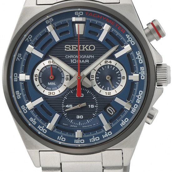 Seiko heren horloge chronograaf met blauwe plaat en rode accenten - 234759