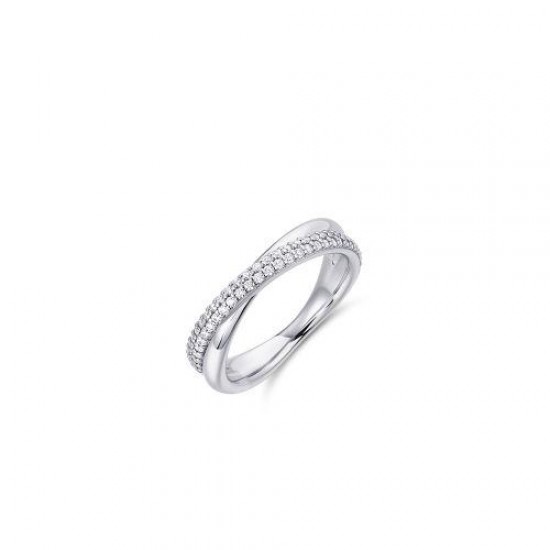 Zilveren ring fantasie draad kruislings poli en met zirconia gezet - 234896