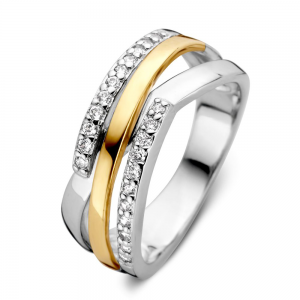 Zilver met gouden ring kruislings model met zirconia's - 235750