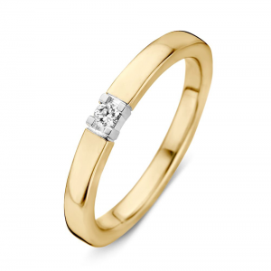 Ring solitair geelgoud met briljant in witgouden zetting - 235754 Ring solitair geelgoud met briljant in witgouden zetting - 235754