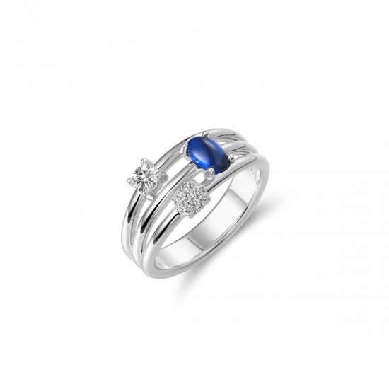 Zilveren ring 3 rij met zirconia in wit en blauw - 2007988