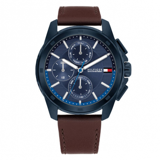 Tommy Hilfiger heren horloge Walker blauwe chrono plaat en bruin lederen band 5 bar - 2009489