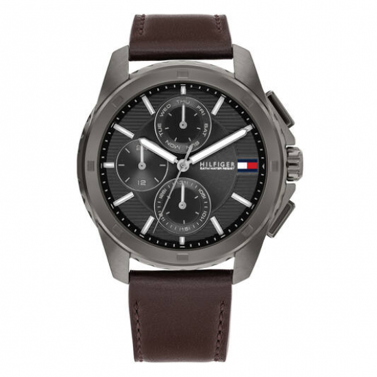 Tommy Hilfiger heren horloge Walker zwarte chrono plaat en bruin lederen band 5 bar - 2009491