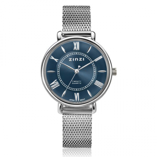 ZINZI Horloge 34mm zilverkleur met mesh band en blauwe romeinse plaat - 2009543