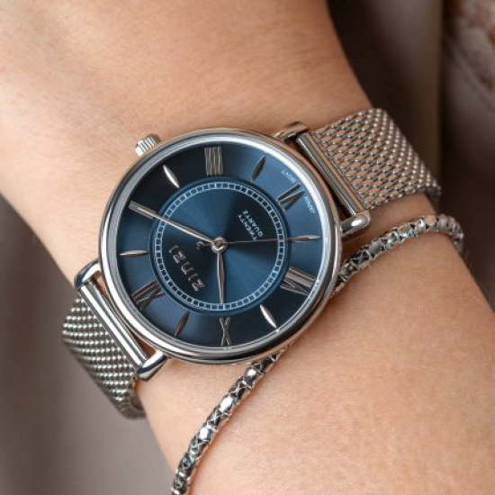 ZINZI Horloge 34mm zilverkleur met mesh band en blauwe romeinse plaat - 2009543