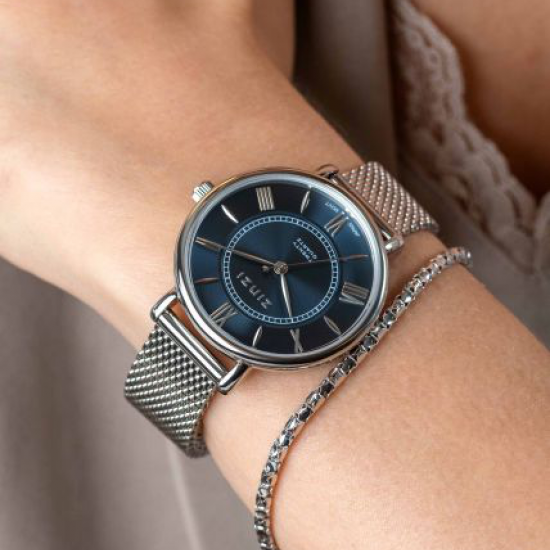 ZINZI Horloge 34mm zilverkleur met mesh band en blauwe romeinse plaat - 2009543