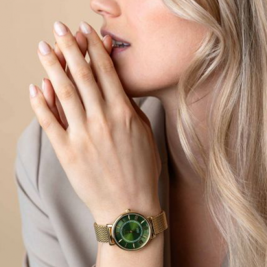 ZINZI Horloge 34mm geel verguld met mesh band en groene romeinse plaat - 2009544