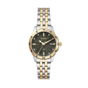 OLYMPIC dames horloge bicolor met stalen kast en band groene plaat - 2009682