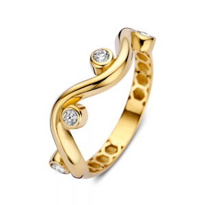 Gouden ring  met zigzag motief en 4 zirconia's in tonnetjes - 2009903 Gouden ring  met zigzag motief en 4 zirconia's in tonnetjes - 2009903
