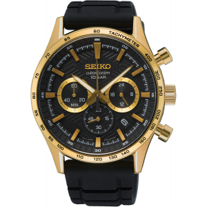 Seiko heren horloge chronograaf goudkleur met zwarte siliconen band en saffier glas 10bar - 2010140 Seiko heren horloge chronograaf goudkleur met zwarte siliconen band en saffier glas 10bar - 2010140