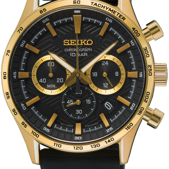 Seiko heren horloge chronograaf goudkleur met zwarte siliconen band en saffier glas 10bar - 2010140