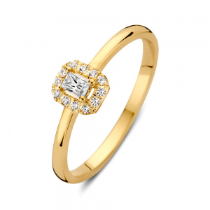 Geelgouden ring met entouragezetting en een emerald geslepen zirkonia. - 2010558