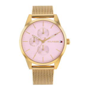 Tommy Hilfiger  dames horloge goudkleurig met meshband en roze plaat - 2010658 Tommy Hilfiger  dames horloge goudkleurig met meshband en roze plaat - 2010658