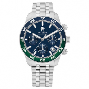 Tommy Hilfiger heren horloge TH85chronon horloge met stalen band blauw groene plaat - 2010667 Tommy Hilfiger heren horloge TH85chronon horloge met stalen band blauw groene plaat - 2010667
