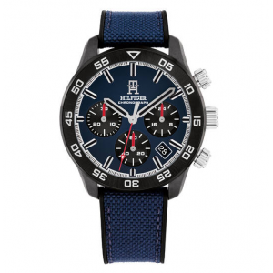 Tommy Hilfiger heren horloge Henry 43mm carbonnen kast met blauwe band - 2010671