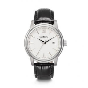 Olympic heren horloge staal met zwart lederen band en witte wijzerplaat - 2011025 Olympic heren horloge staal met zwart lederen band en witte wijzerplaat - 2011025