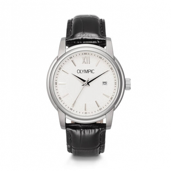 Olympic heren horloge staal met zwart lederen band en witte wijzerplaat - 2011025