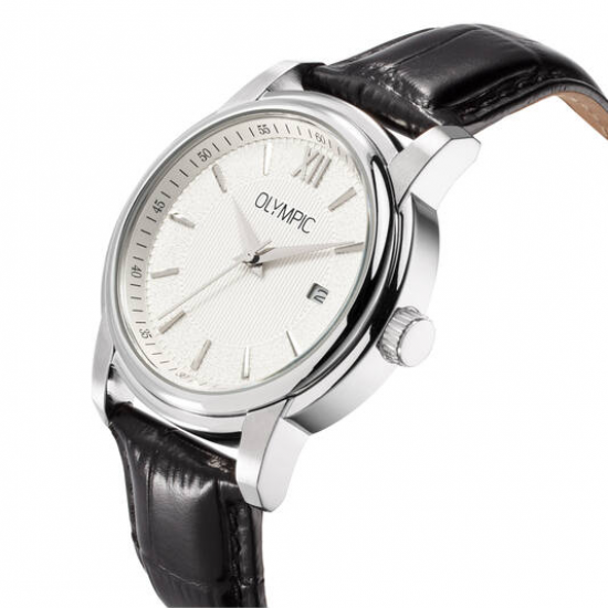 Olympic heren horloge staal met zwart lederen band en witte wijzerplaat - 2011025
