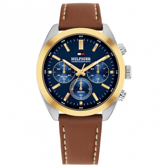 Tommy Hilfiger bicolor heren horloge Hudson blauwe plaat en bruin lederen band - 2011219