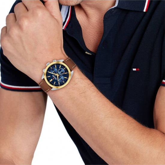 Tommy Hilfiger bicolor heren horloge Hudson blauwe plaat en bruin lederen band - 2011219