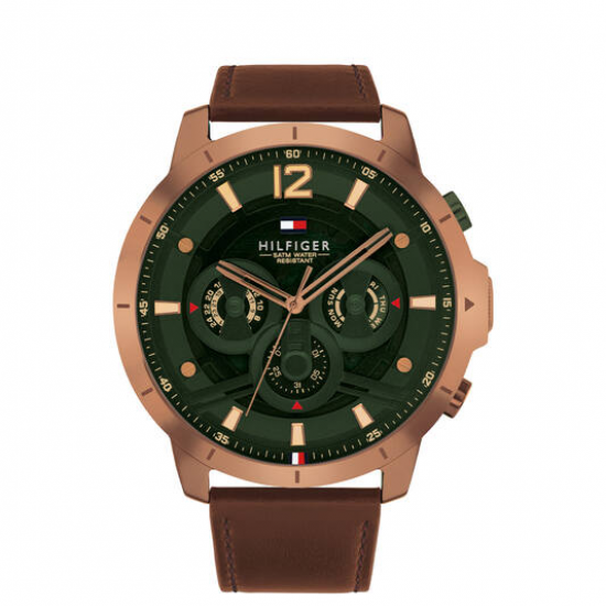 Tommy Hilfiger  heren horloge luca  50mm bruin rose kast en groene plaatwijzerplaat - 2011226