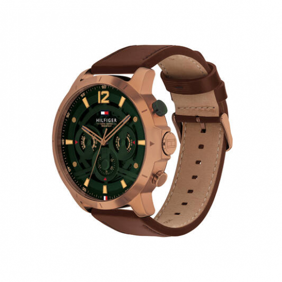 Tommy Hilfiger  heren horloge luca  50mm bruin rose kast en groene plaatwijzerplaat - 2011226