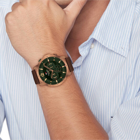 Tommy Hilfiger  heren horloge luca  50mm bruin rose kast en groene plaatwijzerplaat - 2011226