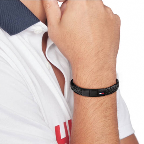 Tommy Hilfiger  heren armband gevlochten zwart leer - 2011227