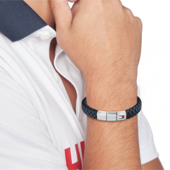 Tommy Hilfiger  heren armband gevlochten blauw leer - 2011229