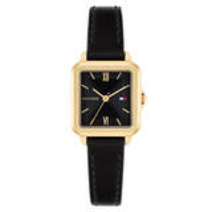 Tommy Hilfiger dames horloge Mia goudkleurig met zwarte lederen band en wijzerplaat, vierkante kast - 2011271 Tommy Hilfiger dames horloge Mia goudkleurig met zwarte lederen band en wijzerplaat, vierkante kast - 2011271