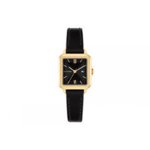 Tommy Hilfiger dames horloge Mia goudkleurig met zwarte lederen band en wijzerplaat, vierkante kast - 2011271 Tommy Hilfiger dames horloge Mia goudkleurig met zwarte lederen band en wijzerplaat, vierkante kast - 2011271